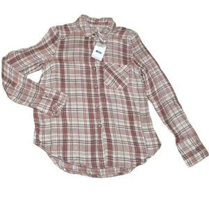 Free People Joplin Plaid Dusty Rose Button Down Women's Shirt Long Sleeves Sz XS